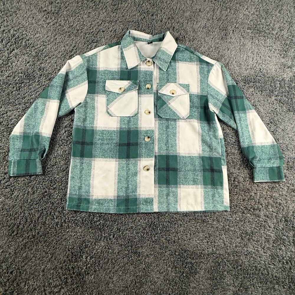 SHEIN Womens Medium Green Plaid Shacket Oversized Button Up Flannel Jacket